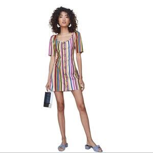 LPA Revolve Puff Sleeve Button Front Multi Striped Linen Mini Dress Size XS